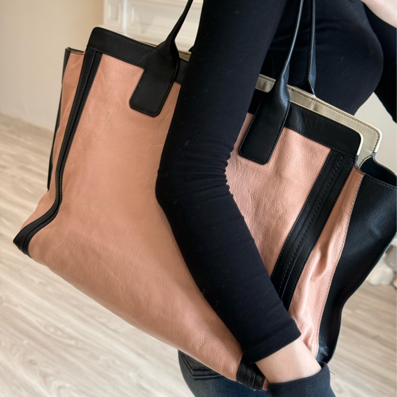 Chloé 粉黑色托特包 拼色 大容量 購物袋 通勤包-9