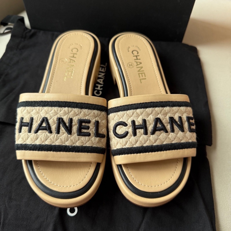 Chanel 香奈兒 奶茶色 字母拖鞋 37碼 附件:盒子塵袋-2