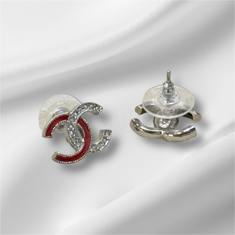 CHANEL 小款雙C紅白配色耳環-2