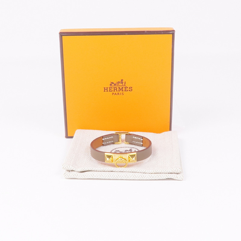 HERMES Swift皮革Rivale Mini Bracelet金扣手帶Etoupe-9