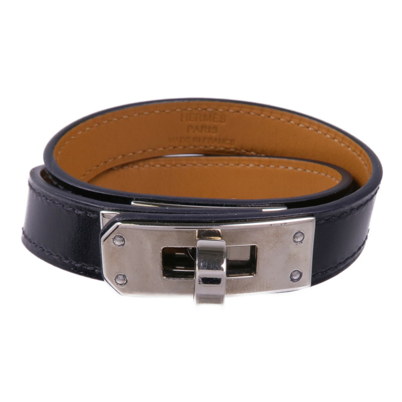 HERMES Box Calf皮革Kelly Double Tour Bracelet銀扣手帶Noir-0