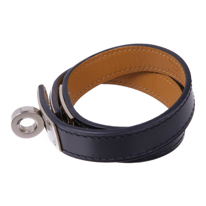 HERMES Box Calf皮革Kelly Double Tour Bracelet銀扣手帶Noir-1