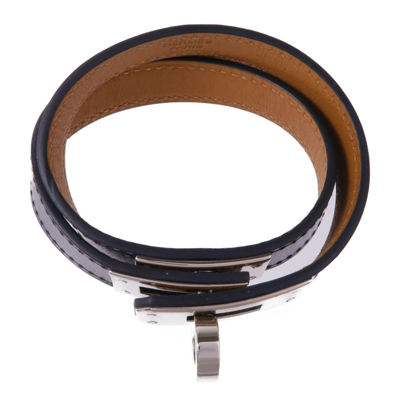 HERMES Box Calf皮革Kelly Double Tour Bracelet銀扣手帶Noir-3