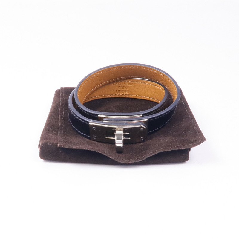 HERMES Box Calf皮革Kelly Double Tour Bracelet銀扣手帶Noir-9