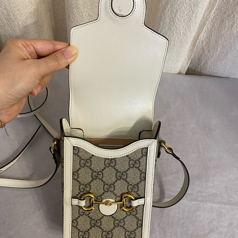 古馳 GUCCI Horsebit 1955 白色拼老花手機包-8
