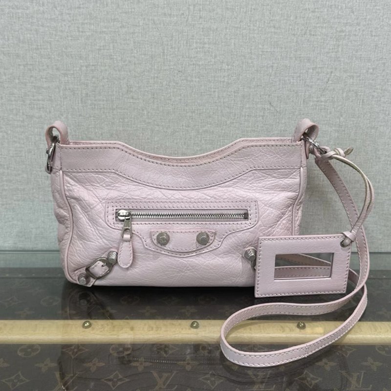 BALENCIAGA 粉銀機車手提肩背斜背包 23*15*5.5 98新-0