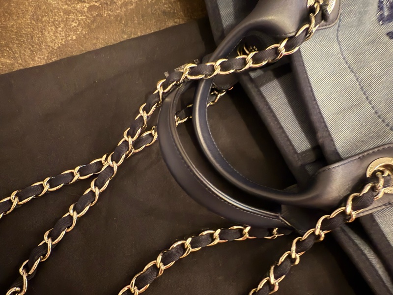 CHANEL香奈兒亮片仿舊大款手提/肩背沙灘包（藍色牛仔）-13