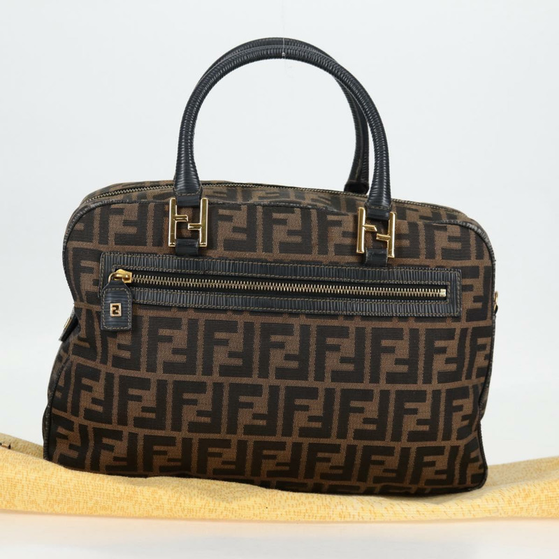 【日本直送】FENDI Zucca 帆布手提包 黑色 棕金色 正品 BA4615-11