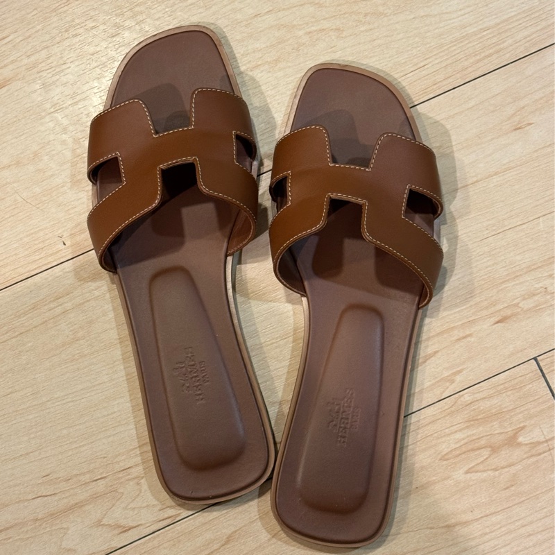 二手愛馬仕 Hermes Oran 拖鞋 39.5號 金棕色-6