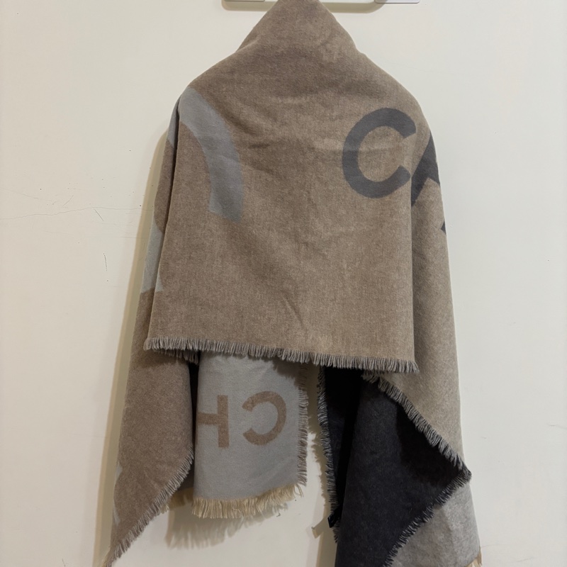 『全新』Chanel 雙C LOGO雙面漸層灰棕漸層羊絨圍巾-6