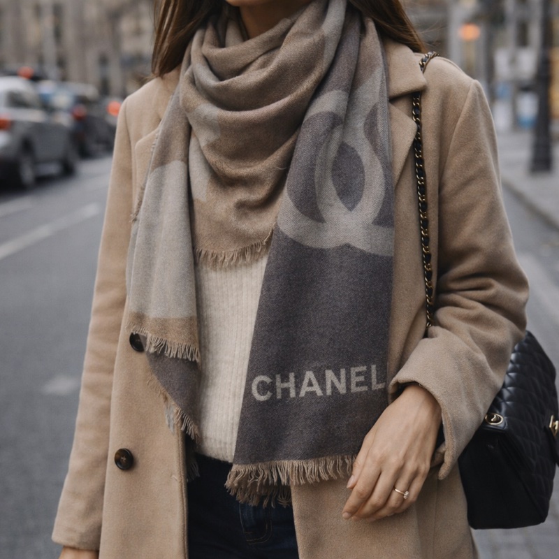 914intheair精品代購『全新』Chanel 雙C LOGO雙面漸層灰棕漸層羊絨圍巾-0