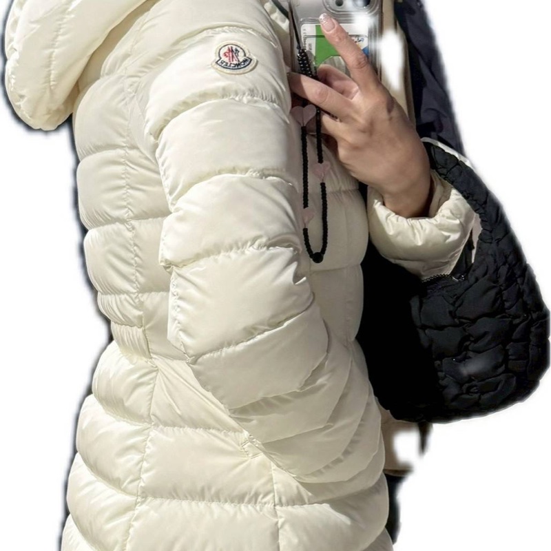 moncler 大童 白色 白配黑邊 連帽 輕羽絨 長羽絨 長版羽絨外套 羽絨外套 防風外套-2