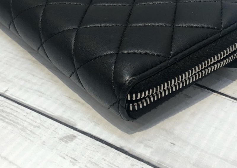 Chanel 小香AP0242 黑色羊皮 菱格紋 銀扣 ㄇ拉長夾 *# 這價格必買 8新  尺寸 (公分) 10.5x19.5x2CM-2