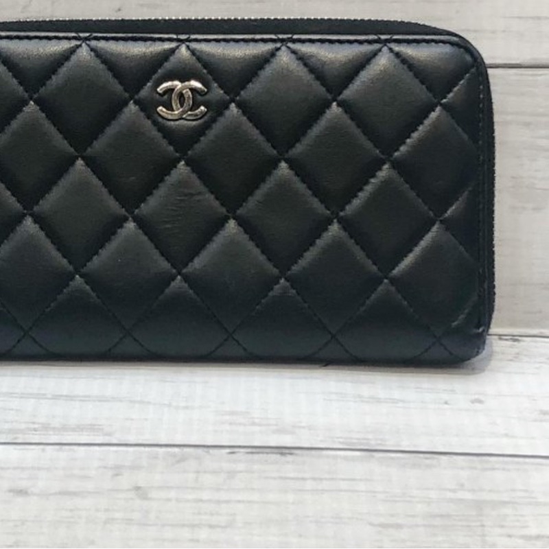 Chanel 小香AP0242 黑色羊皮 菱格紋 銀扣 ㄇ拉長夾 *# 這價格必買 8新  尺寸 (公分) 10.5x19.5x2CM-6