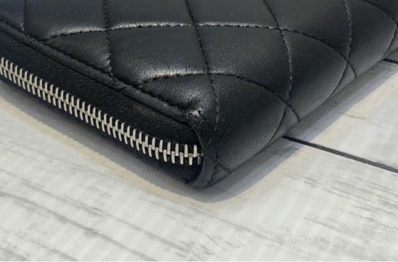 Chanel 小香AP0242 黑色羊皮 菱格紋 銀扣 ㄇ拉長夾 *# 這價格必買 8新  尺寸 (公分) 10.5x19.5x2CM-8