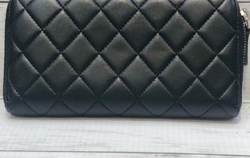 Chanel 小香AP0242 黑色羊皮 菱格紋 銀扣 ㄇ拉長夾 *# 這價格必買 8新  尺寸 (公分) 10.5x19.5x2CM-10