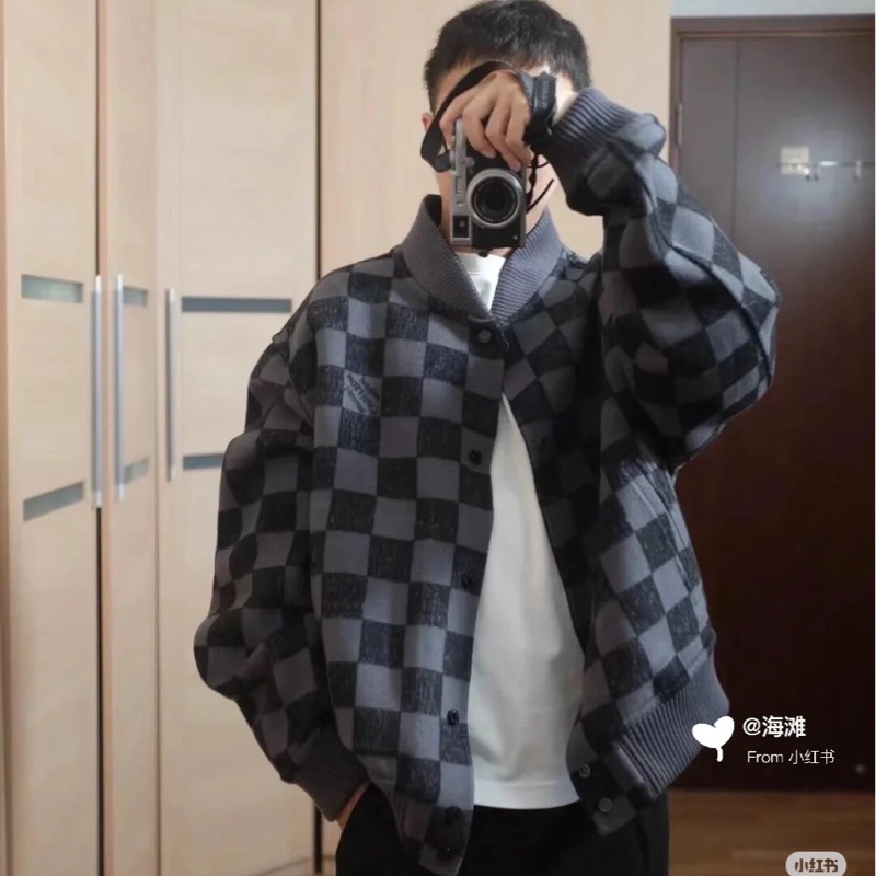 Louis Vuitton LV 黑灰 棋盤格 雙面穿 绵羊毛 夾克 外套 棒球外套-2