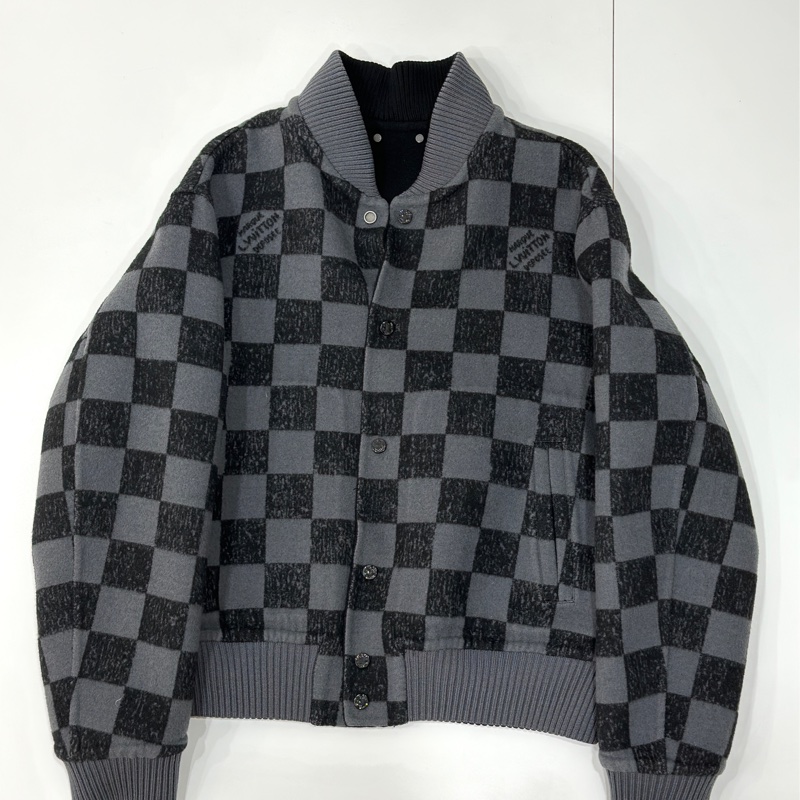 Louis Vuitton LV 黑灰 棋盤格 雙面穿 绵羊毛 夾克 外套 棒球外套-5