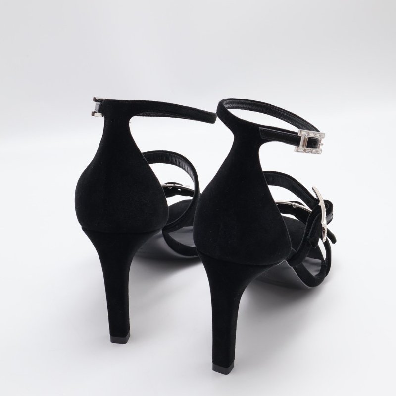 HERMES Liv 90 天鵝絨高跟涼鞋 - 黑銀 38-2