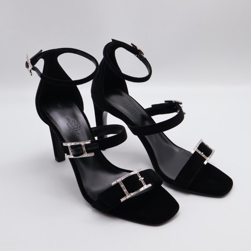 HERMES Liv 90 天鵝絨高跟涼鞋 - 黑銀 38-4