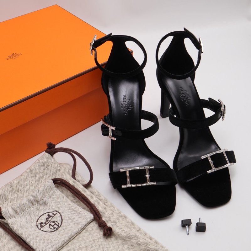 HERMES Liv 90 天鵝絨高跟涼鞋 - 黑銀 38-5