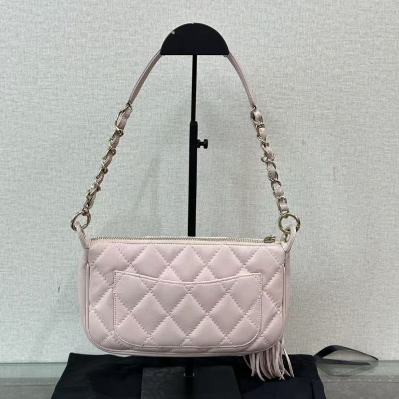 ✨CHANEL 櫻花粉金扣流蘇手提肩背包24*14*3 97新 配件塵袋-5
