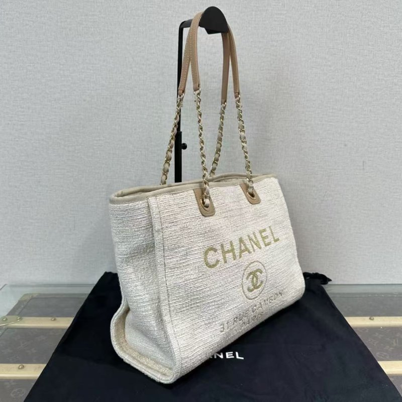 ✨CHANEL 米白色金扣編織手提肩背沙灘包 35*26*15 98新配件塵袋保卡-1