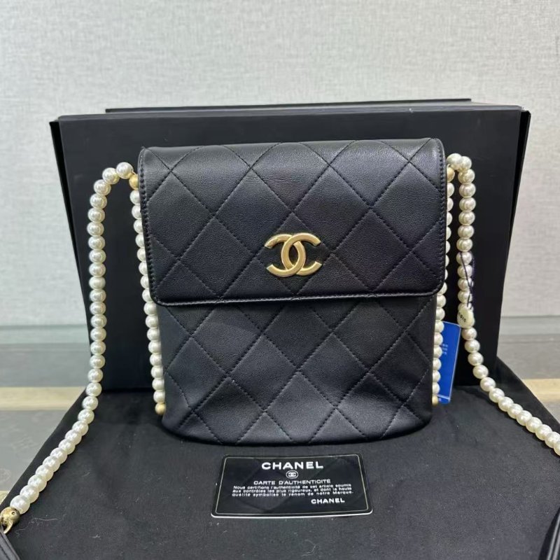✨CHANEL 黑金珍珠鍊調肩背斜背包 18.5*19.5*8 98新配件塵袋盒子保卡-0