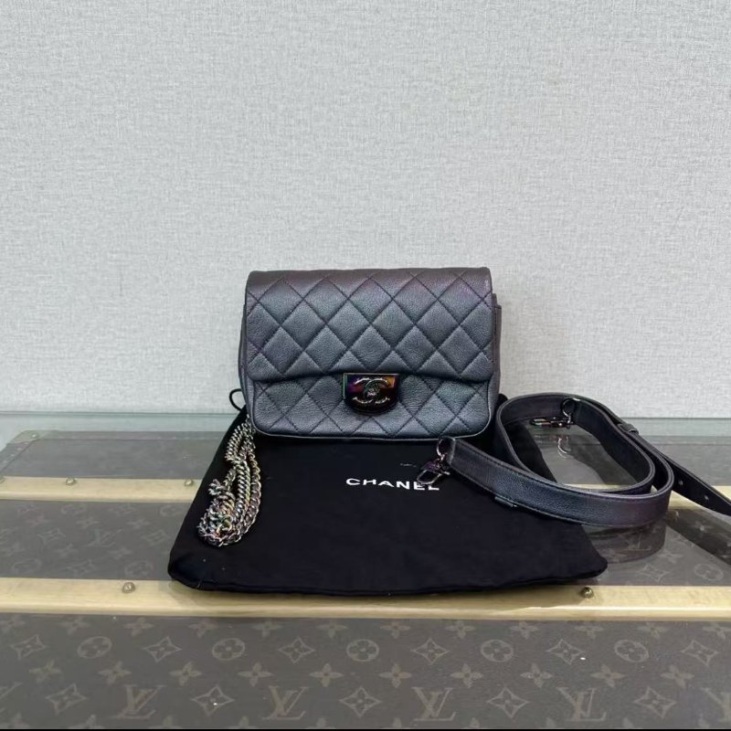 ✨Chanel 炫彩珠光紫色雙鍊條牛皮cf鍊條包 21*16*7 98新配件塵袋-0