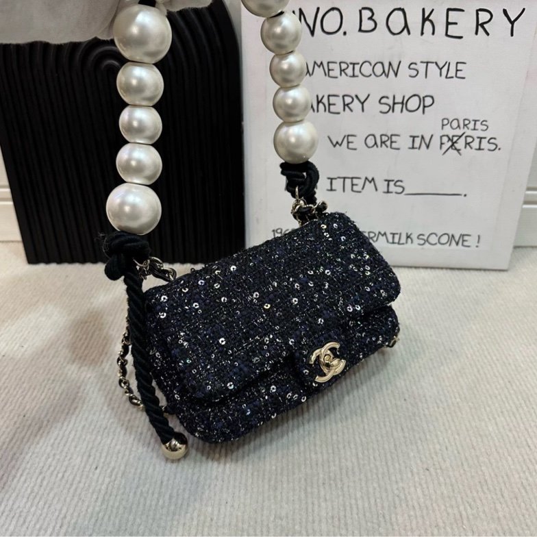 Chanel 珍珠毛呢編織亮片包 大mini 大珍珠 和尚包 19*12 99新配件塵袋-2