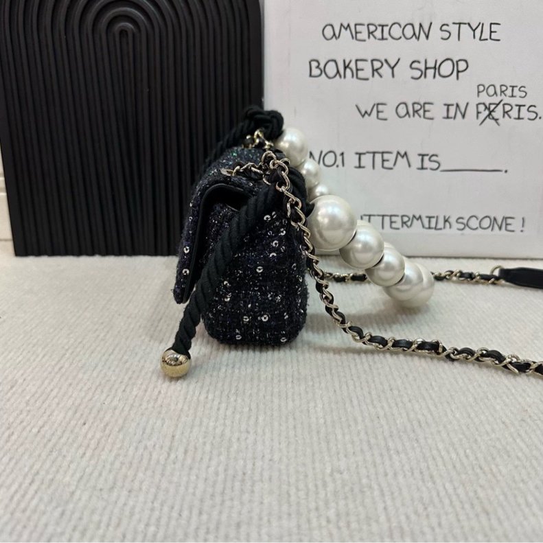 Chanel 珍珠毛呢編織亮片包 大mini 大珍珠 和尚包 19*12 99新配件塵袋-7
