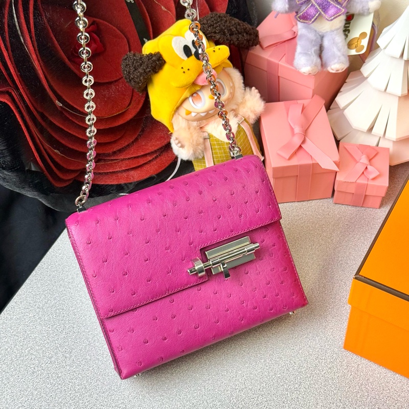 HERMES愛馬仕 Verrou 銀扣 南非鴕鳥皮 斜挎單肩包 迷你 女款 L4 Rose Bubblegum-0
