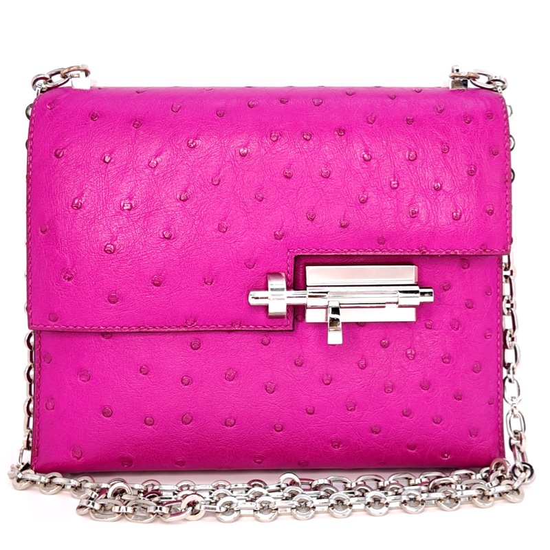 HERMES愛馬仕 Verrou 銀扣 南非鴕鳥皮 斜挎單肩包 迷你 女款 L4 Rose Bubblegum-1