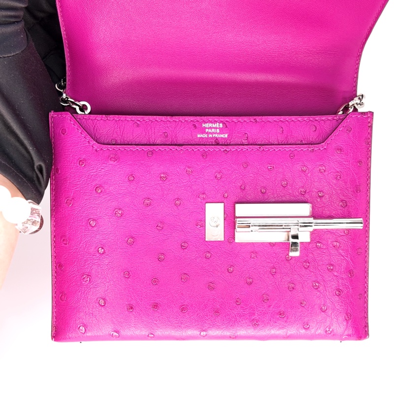 HERMES愛馬仕 Verrou 銀扣 南非鴕鳥皮 斜挎單肩包 迷你 女款 L4 Rose Bubblegum-8