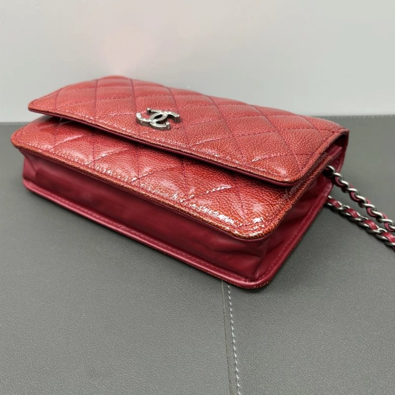 CHANEL 紅色銀扣Woc斜背鏈條包19*12*4 98新配件盒子保卡塵袋-2