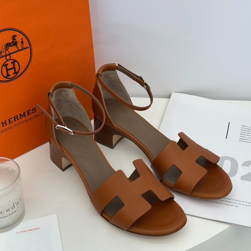 HERMES Encens 50粗跟涼鞋 - 金棕 39.5-0
