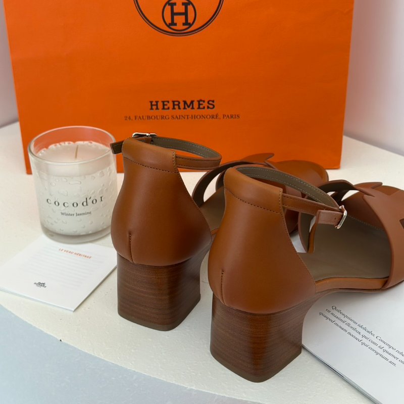 HERMES Encens 50粗跟涼鞋 - 金棕 39.5-3