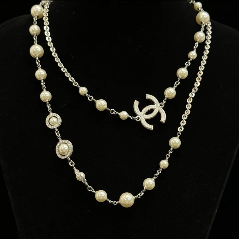 CHANEL 19K雙C logo珍珠水鑽長項鍊 鏈長96cm 98新配件盒子-1