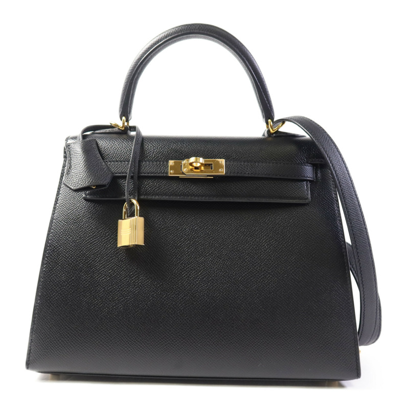 HERMES Epsom皮革Kelly 25金扣手挽肩背兩用袋Noir-0