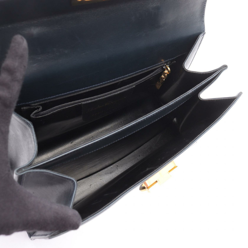 Salvatore Ferragamo Gancini 手提包 21 2181 皮革 海軍藍 二手 女款 無肩帶-2