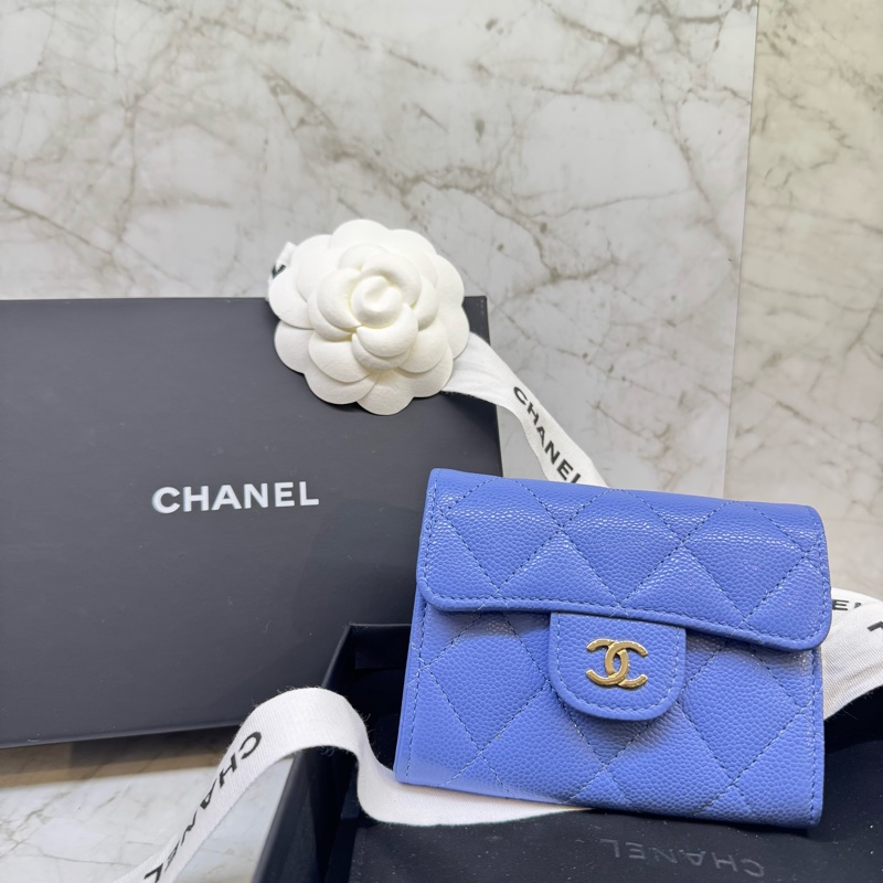 CHANEL寶寶藍金幻菱格紋荔枝皮扣式卡包/晶片-0