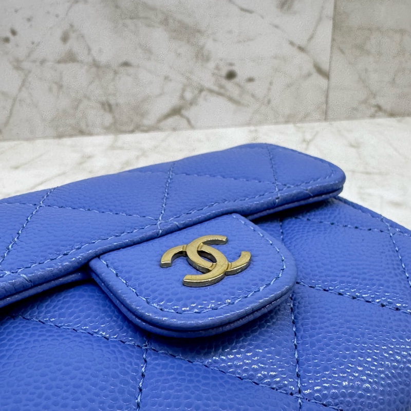 CHANEL寶寶藍金幻菱格紋荔枝皮扣式卡包/晶片-5