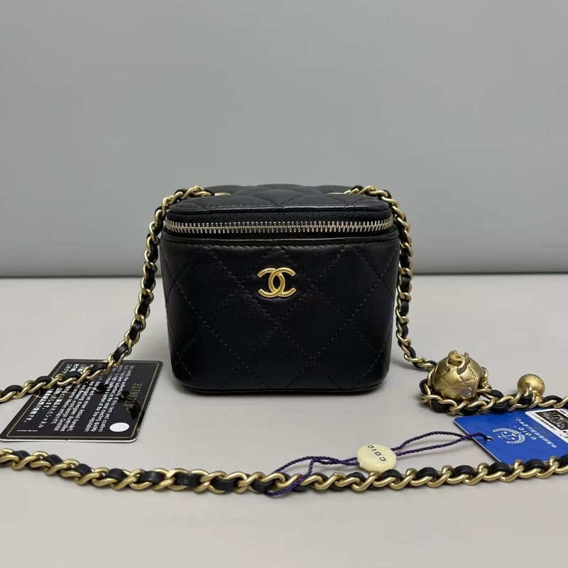 Chanel香奈兒 黑金全皮菱格mini金球盒子包 斜背包-0