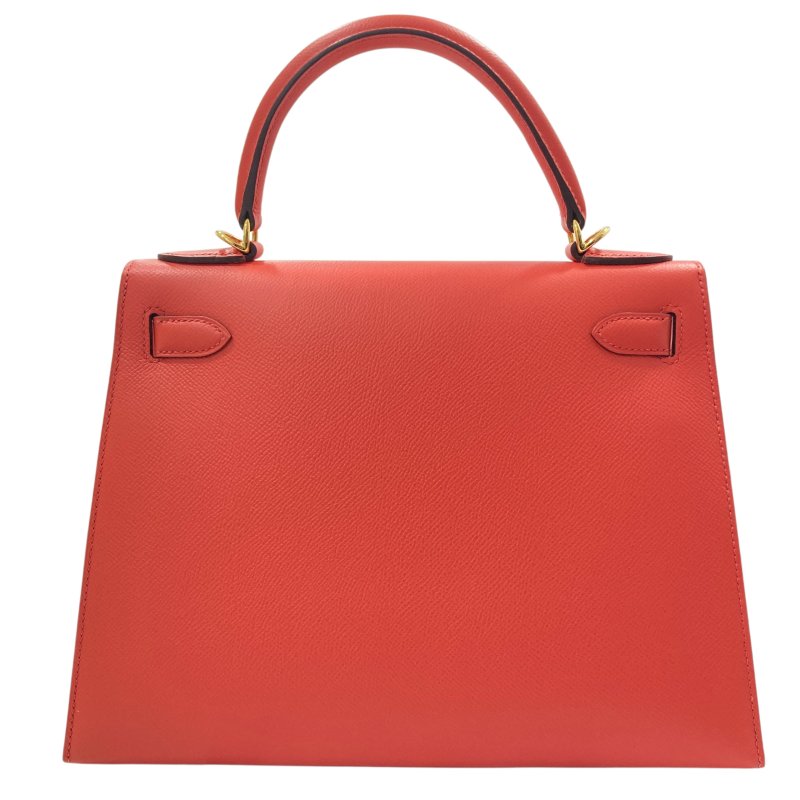 HERMES 愛馬仕 KELLY 28 外縫 Z刻 皮革 手提包 橘紅色 金釦-2