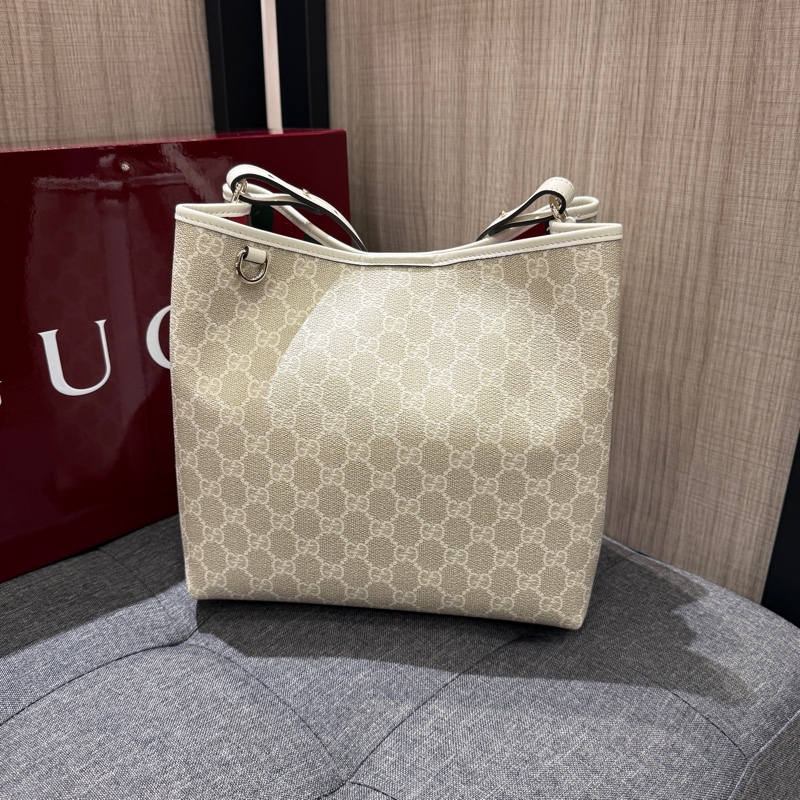 GUCCI 815163 白色PVC拼皮革水桶包 手提包斜背包兩用包-2