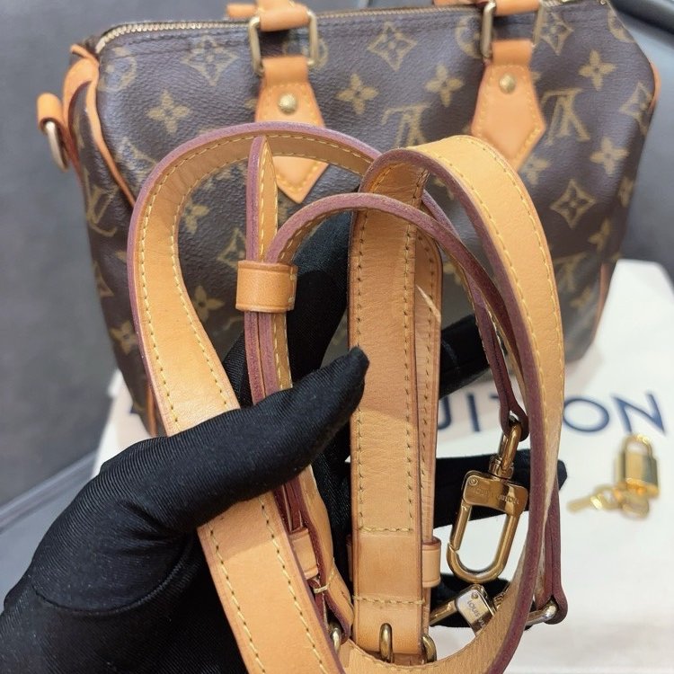 Lv speedy25老花肩帶款芯片款 99新 配件塵袋鑰匙鎖-4