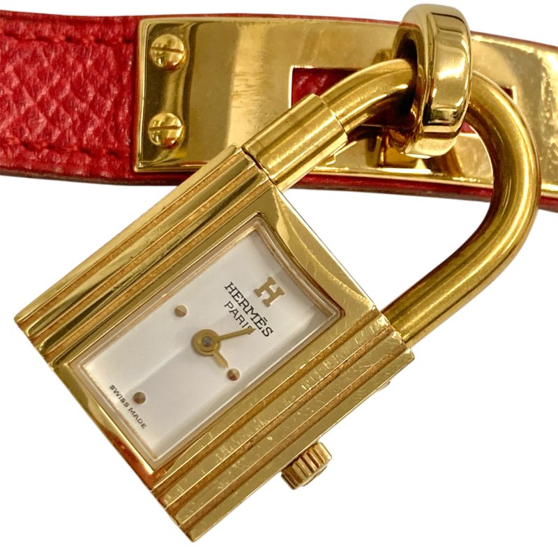 HERMES 愛馬仕 KE1.201 KELLY WATCH 不鏽鋼 鍍金 石英 電池式 白色錶盤 紅色錶帶 女錶-0