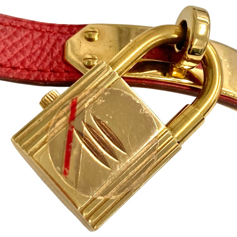 HERMES 愛馬仕 KE1.201 KELLY WATCH 不鏽鋼 鍍金 石英 電池式 白色錶盤 紅色錶帶 女錶-1
