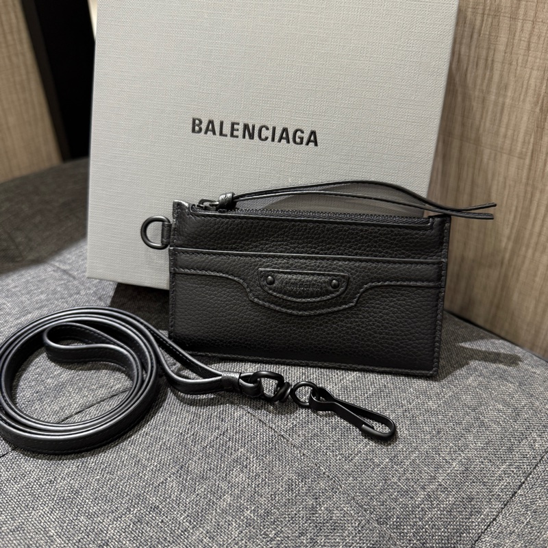全新 巴黎世家 BALENCIAGA Neo classic 黑色全皮黑釦頸掛式卡片夾零錢包-0