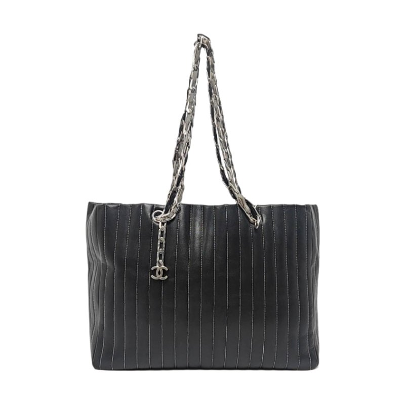 CHANEL托特包 大號 黑色羊皮縫紋單肩包手提包 銀色五金 10開 2條可拆卸肩帶-0